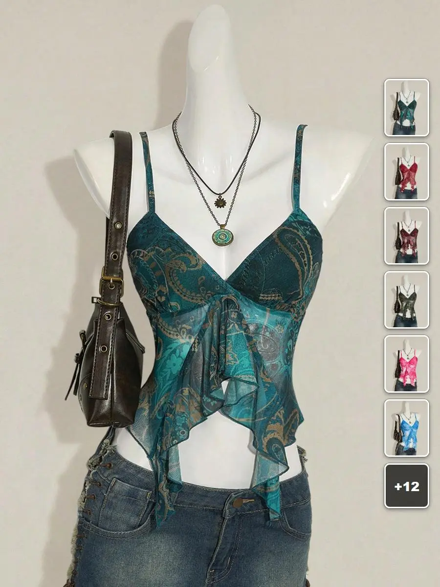 LACEX Y2K bohemian top teal paisley print asymmetrical ruffled v-neck slim fit summer outfit