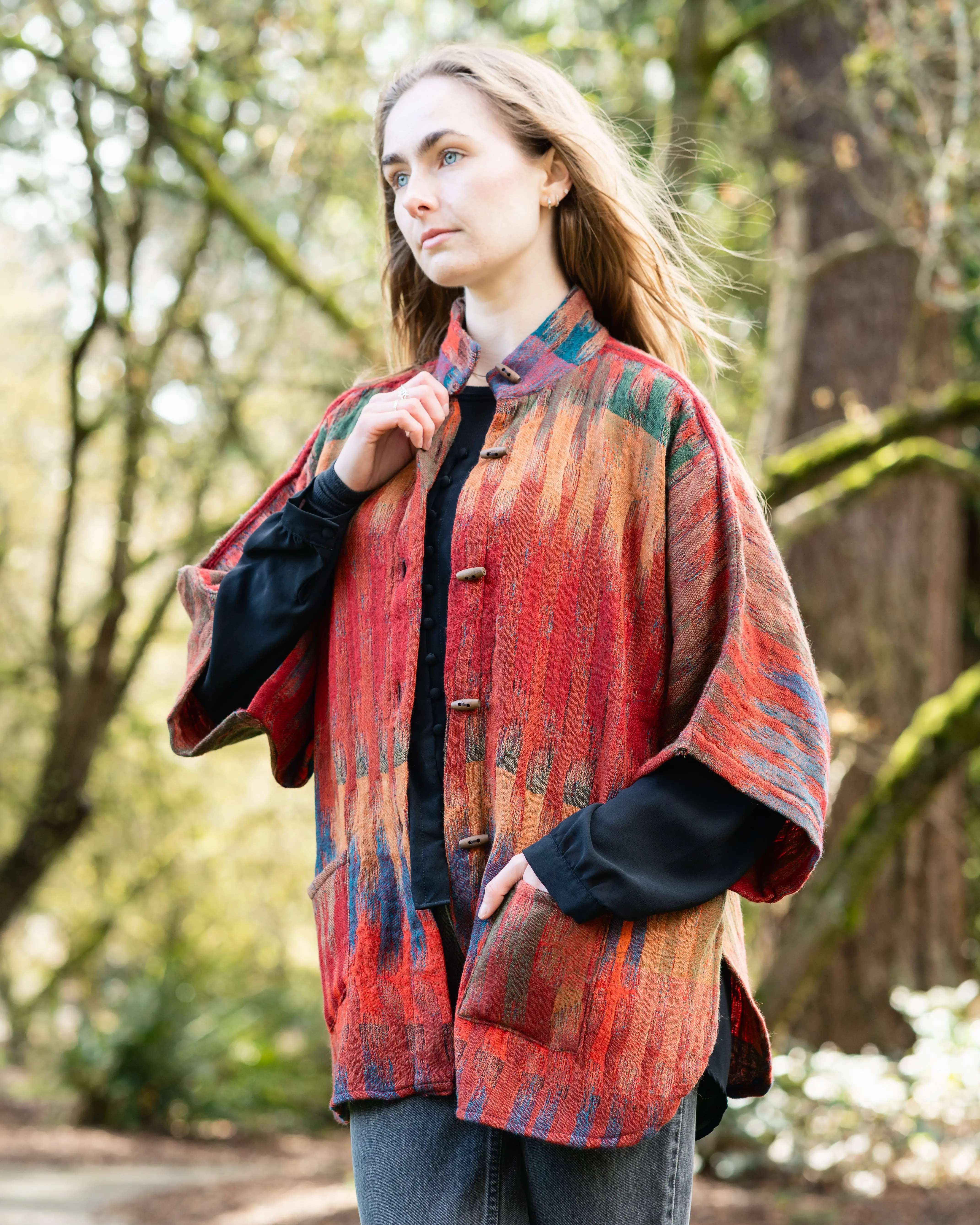 Women's Reversible Linen Kimono Jacket, Morocco Red, Button-Closure Style, Bag-Friendly Fit, Fits, Fabric, Wool, Oversized, Shell, Drape, Comfortable, Pockets, Loose, Bottom, Women's Clothes, Sleeve