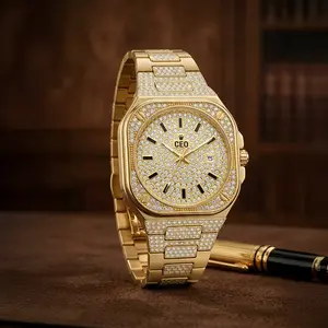 Luxury iced-out gold and silver watch for men and women, diamond bling, fashionable versatile waterproof quartz hip-hop jewelry wristwatch gift