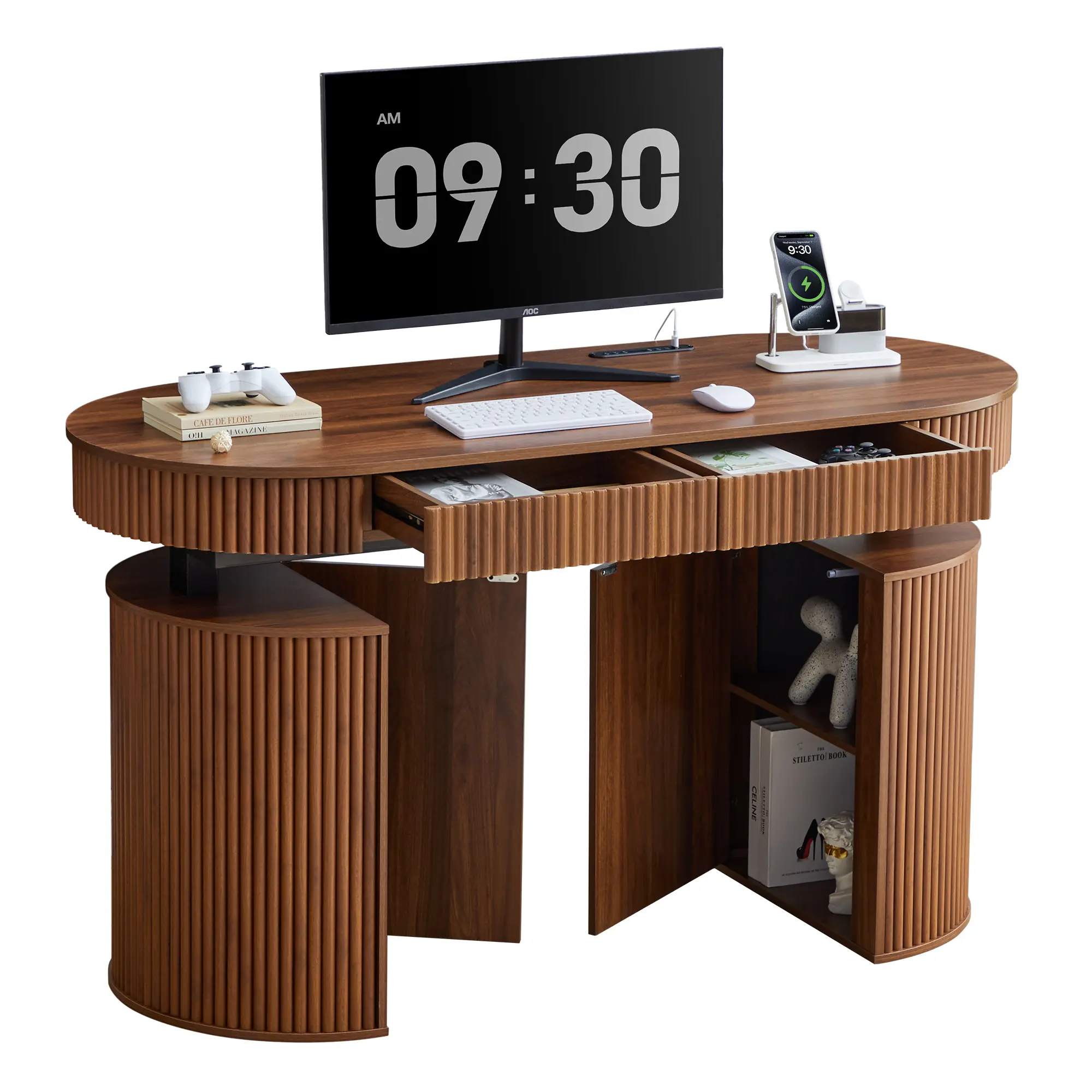 Giratree 55" Electric Standing Desk with Storage and USB & Type-C Charging Ports, Adjustable Height Stand Up Desk, Mid Century Modern Fluted Workstation Desk for Home Office