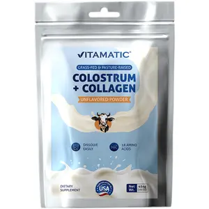 Vitamatic Bovine Colostrum + Collagen Powder - Supplement for Gut Health, Hair Growth, Beauty, Muscle Recovery, & Immune Support - Easy to Mix - Unflavored - 454 Gram, (16 oz)