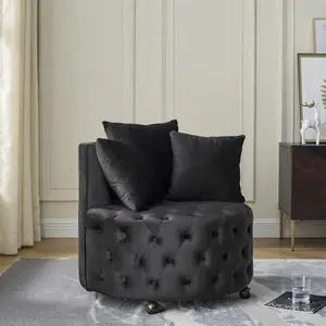 Velvet Upholstered Swivel Chair for Living Room, with Button Tufted Design and Movable Wheels, Including 3 Pillows Lounge Modern