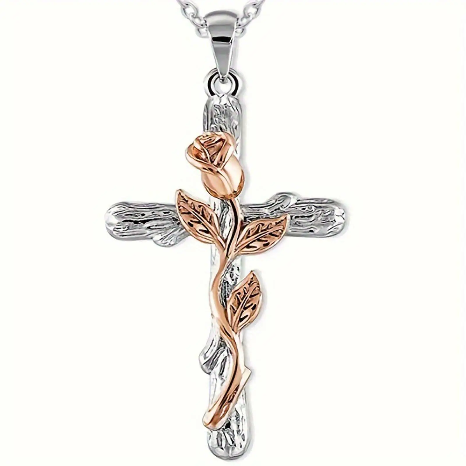 Clavicular Necklace for Women, Elegant Silver-Tone Rose Cross Pendant with Artificial Gemstones, Casual Daily Wear Jewelry, Unisex, Adults, Metal Coating, Auspicious, Synthetic/Simulated Coloured Gemstone, Versatile Jewelry