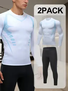 Men's 2-in-1 Compression Fitness Set - Graphic Print Long Sleeve Compression Top + Black High Elastic Leggings, Breathable Quick Dry Athletic Wear for Sports