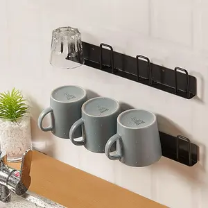 2pcs No Drilling Wall-Mounted Mug Hooks, 4-Cup Capacity Coffee Cup Holder Rack, A Must-Have for RV, Black Cup Storage Hooks for Kitchen Living Room Office