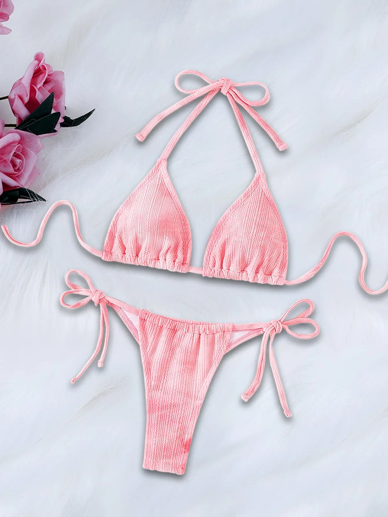 2024 new cross-border European and American style split women's swimsuit backless sexy two-piece pink bikini AliExpress