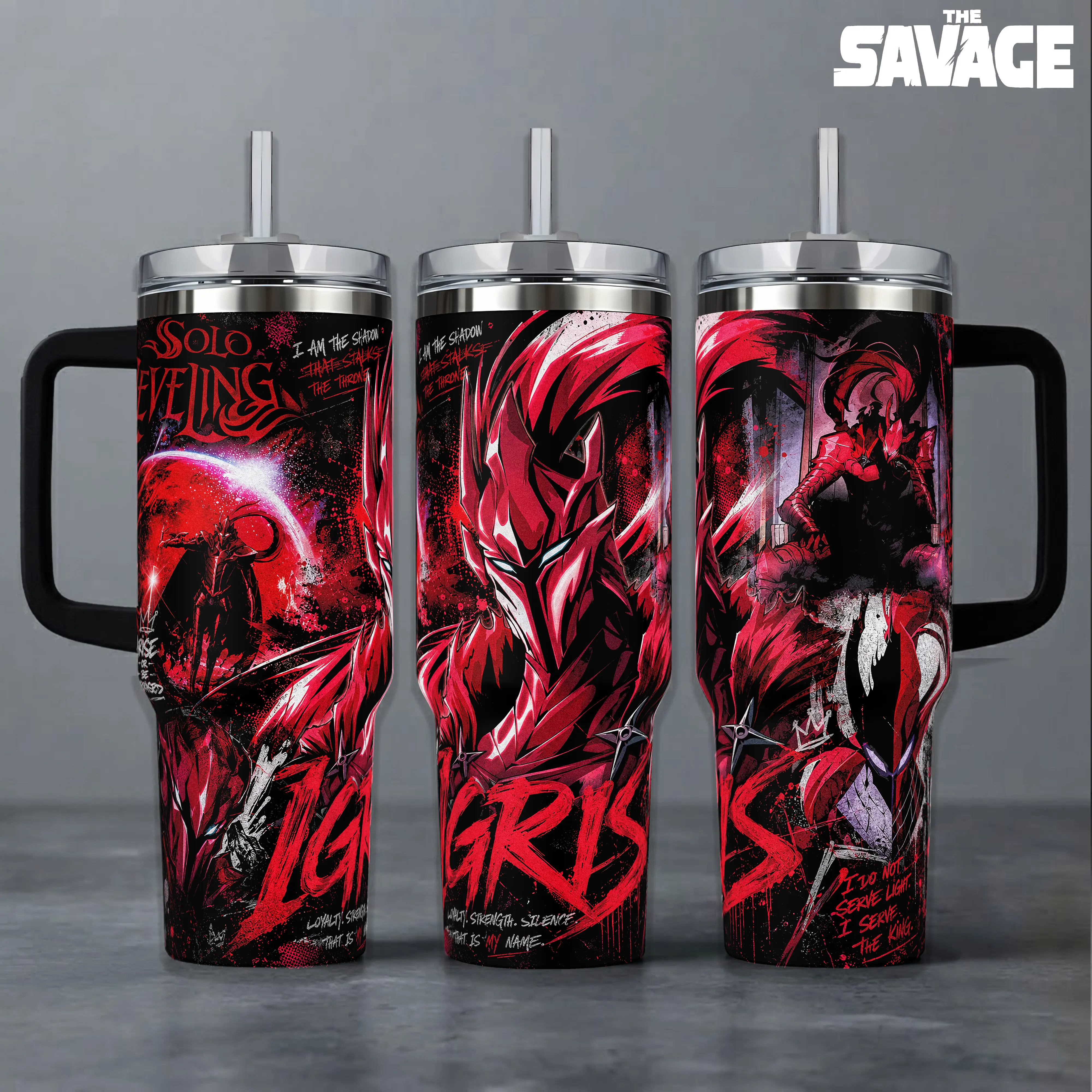 Solo Leveling "Igris the Bloodred" Anime Tumbler, 20oz & 40oz Insulated Travel Mug with Handle. Epic Shadow Monarch Knight Graphic Merch, Dark Red Aesthetic Design, Perfect Gift for Fans