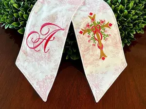 Custom floral cross wreath sash for Easter, personalized christening toile swag, monogrammed wreath scarf gift for baby shower