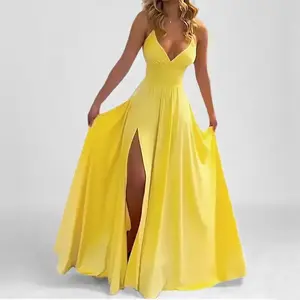 2026 Spring Women's Solid Color Strap Sexy Slim Fit Split Ruffle Hem Dress Casual Womenswear