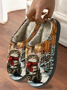 Merry Christmas Cute Cat Pattern Indoor Cotton Slippers for Adults, Soft Warm Anti-Slip Textile Shoes for Fall & Winter