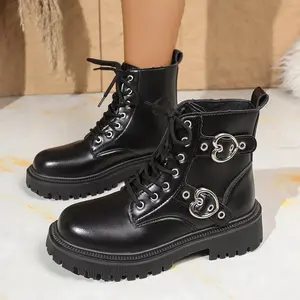 42 Big Size Women Ankle Boots Lovely Hear Belt Y2K Black Punk Baw Buckle Female Short Tube Boots Casual Outdoor Footwear