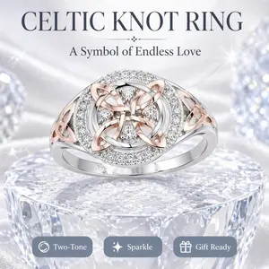 Wiccan Witch Knot Two-Tone Rose Gold Silver Ring, Halo CZ Stone Celtic Protection Knot Statement Ring, Vintage Irish Spiritual Talisman Jewelry for Women Teen Girls