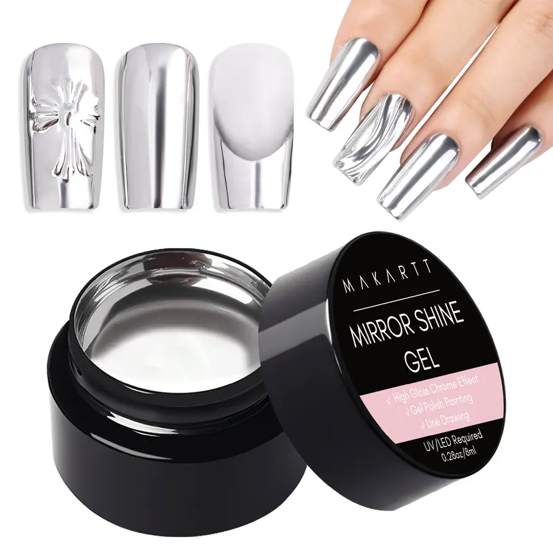 Makartt 8ml Metallic Silver Mirror Finish UV Light Gel with Brush - Adults' DIY Nails At Home, Super Shiny Nail Art & Care