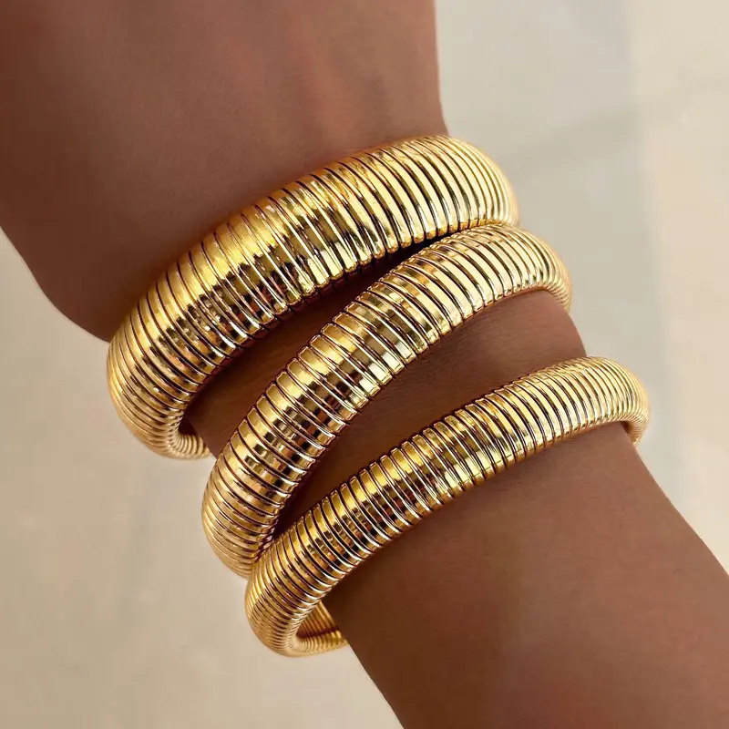 Women's 14K Gold Plated Chunky Stackable Bracelets Set (3PCS) - 17KM Waterproof Non-Tarnish High-Quality Exquisite Jewelry, Summer Accessory, Gift for Her, Exquisite Bracelet, Gold Plated Bracelet