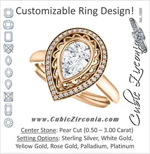 Cubic Zirconia Engagement Ring- The Bessie (Customizable Cathedral-Bezel Pear Cut Design with Flowery Filigree and Halo)