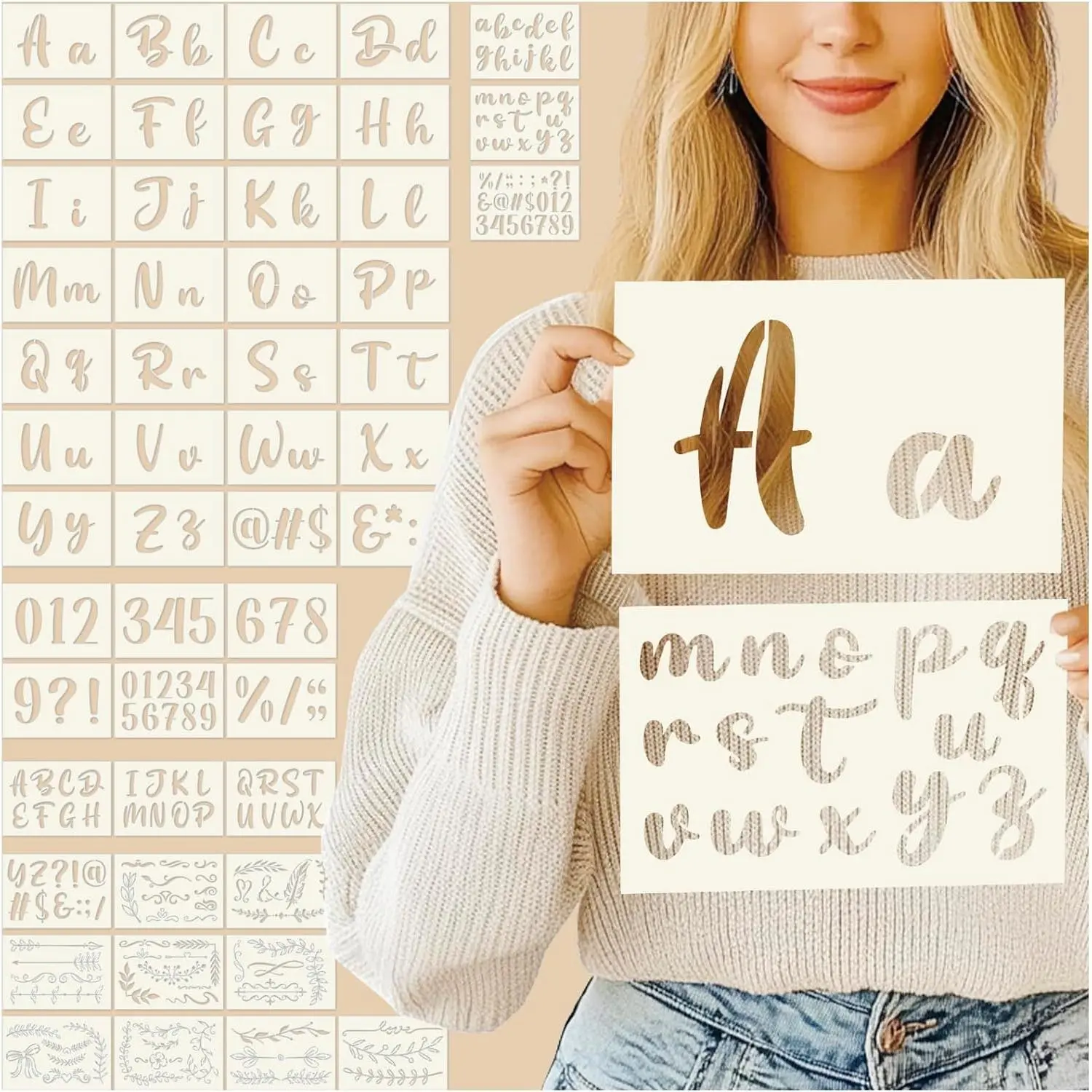 Calligraphy Stencil Template Kit - 4 Inch and 2 Inch Letter Stencils and Numbers, 50 count Plastic Alphabet Stencils for Crafts  for Arts Crafts Painting