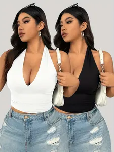 New Plus Size Women's Fashion Sexy Versatile Casual Tie Back Vest Two-Piece Set, Summer Fitted Top, Moderate Fabric Thickness, Breathable Knit Outfit