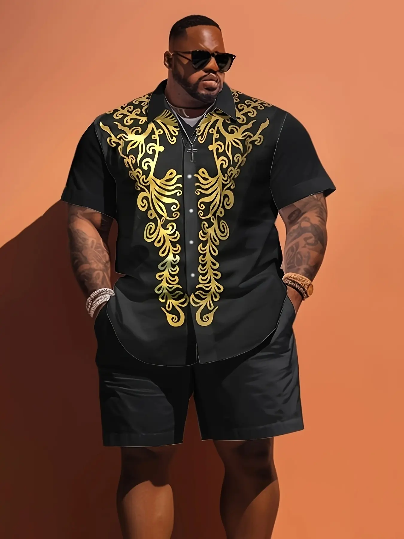 2-Pack Luxurious Baroque Style Plus Size Heavy-Duty Sleeves Collared Shirt with Shorts, Casual Loose-Fitting Baggy Long Top, Asymmetrical Design, Clothes