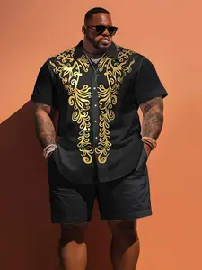 2-Pack Luxurious Baroque Style Plus Size Heavy-Duty Sleeves Shirt with Shorts, Casual Loose-Fitting Long Top, Asymmetrical Design