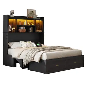 [Mattress NOT Included] [Ship in 2 Boxes] [Summervibes] AMERLIFE Murphy Bed with Bookcase Headboard & LED Light, Farmhouse Cabinet Bed with Storage Drawer, Charging Station and Desk for Home Office/Guest Room/Small Spaces