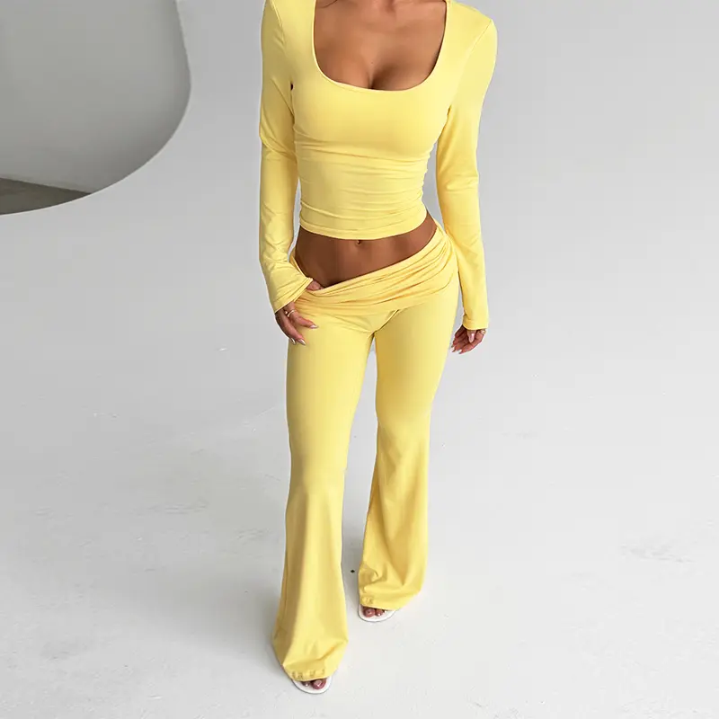Autumn Womens Square Neck Ruched Long Sleeve Top And Casual Pants, Basic Two Piece Set, Casual Bodycon Matching Set Fashion Outfit