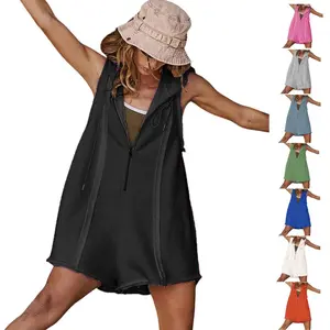 Kingapril Short Half Zipper Sports jumpsuit for Fitness Outdoor Leisure Sleeveless Loose Hoodie for Women