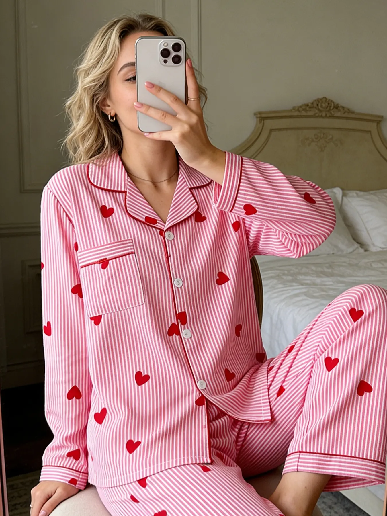 Women's ins Striped Heart Valentine's Day Pajama Set with Pockets, Long Sleeve Pants Button Sleepwear, Matching Sleepwear, Casual Fitted Homeewear, Loungewear, Pjs, Pyjamas, Homewear, All Seasons, Pajama Outfit, Nightwear Lounge Set