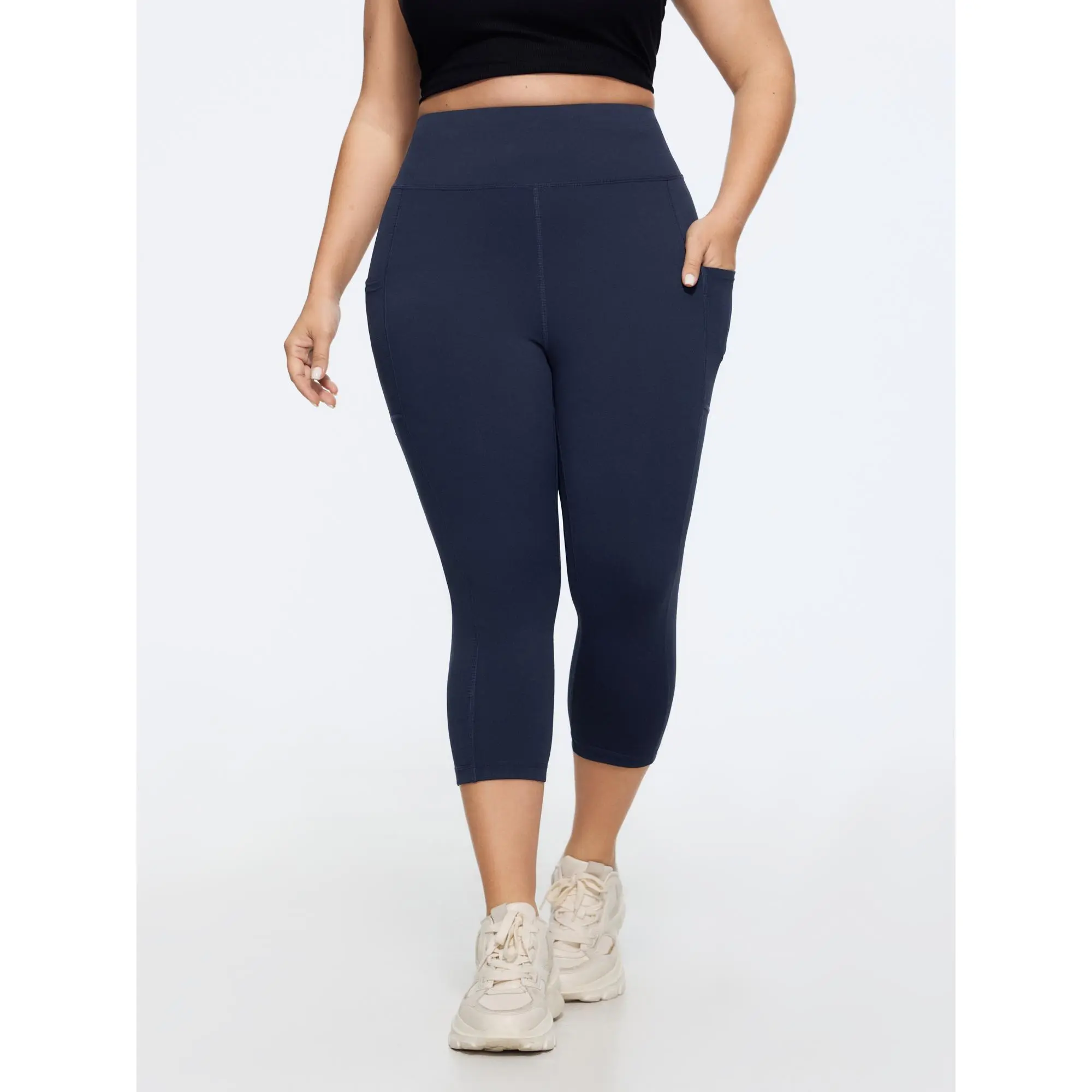 BloomChic Plus Size Solid Textured Capri Leggings, Stretchy Spandex Fabric with Mid Rise and Side Pockets, Bottoms, Casual, Garment, Basic, Fit, Women, Stretch Spandex