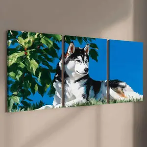 3 Counts Wooden Framed Canvas, Cool Husky Dog Under Tree Images, Exquisite Poster, Perfect Living Room Decoration, Modern Art, Fashion Family Poster, Wall Art Decoration, Odorless, Artwork