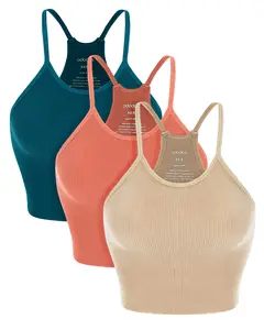 ODODOS Women's Crop 3-Pack Seamless Rib-Knit Camisole Crop Tank Tops