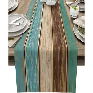 Cotton Linen Table Runner Dresser Scarves Retro Rustic Barn Wood&Teal Green Brown Non-Slip Burlap Rectangle Table Setting Decor for Farmhouse Wedding Party Holiday Dinner Home, (13X70 Inch) Vandarllin