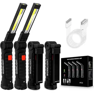 4Pack LED Work Lights, USB Rechargeable COB Light with  Base 360?Rotate and 5 Modes, Folding Flashlight Inspection Light for  Repairing, Workshop, Household and  Use, Large