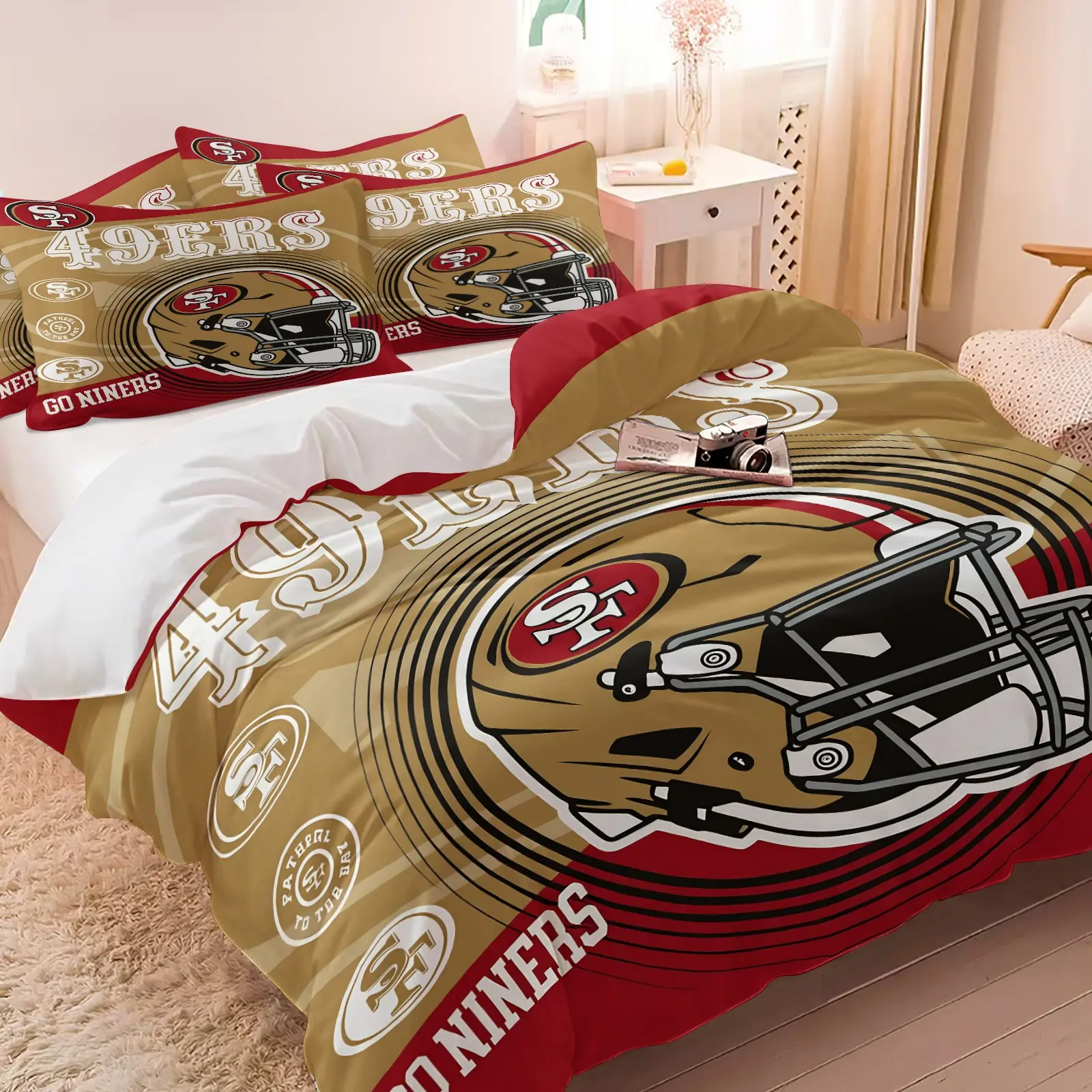San Francisco 49ers Theme Print Duvet Cover Set Twin Size, With With 1 Duvet Cover & 1 or 2 Pillowcases, Gold Red Football Team Aesthetic Bedding, Soft Microfiber, for Men Boys Bedroom Dorm, Perfect Gift for Football Fans