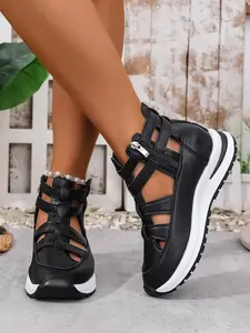 Women's Fashion Strapy Sandals Summer New Thick Sole Anti-Slip Height Increasing Walking Shoes Casual Comfortable Chunky Heel Hollow Out Design Zipper Side