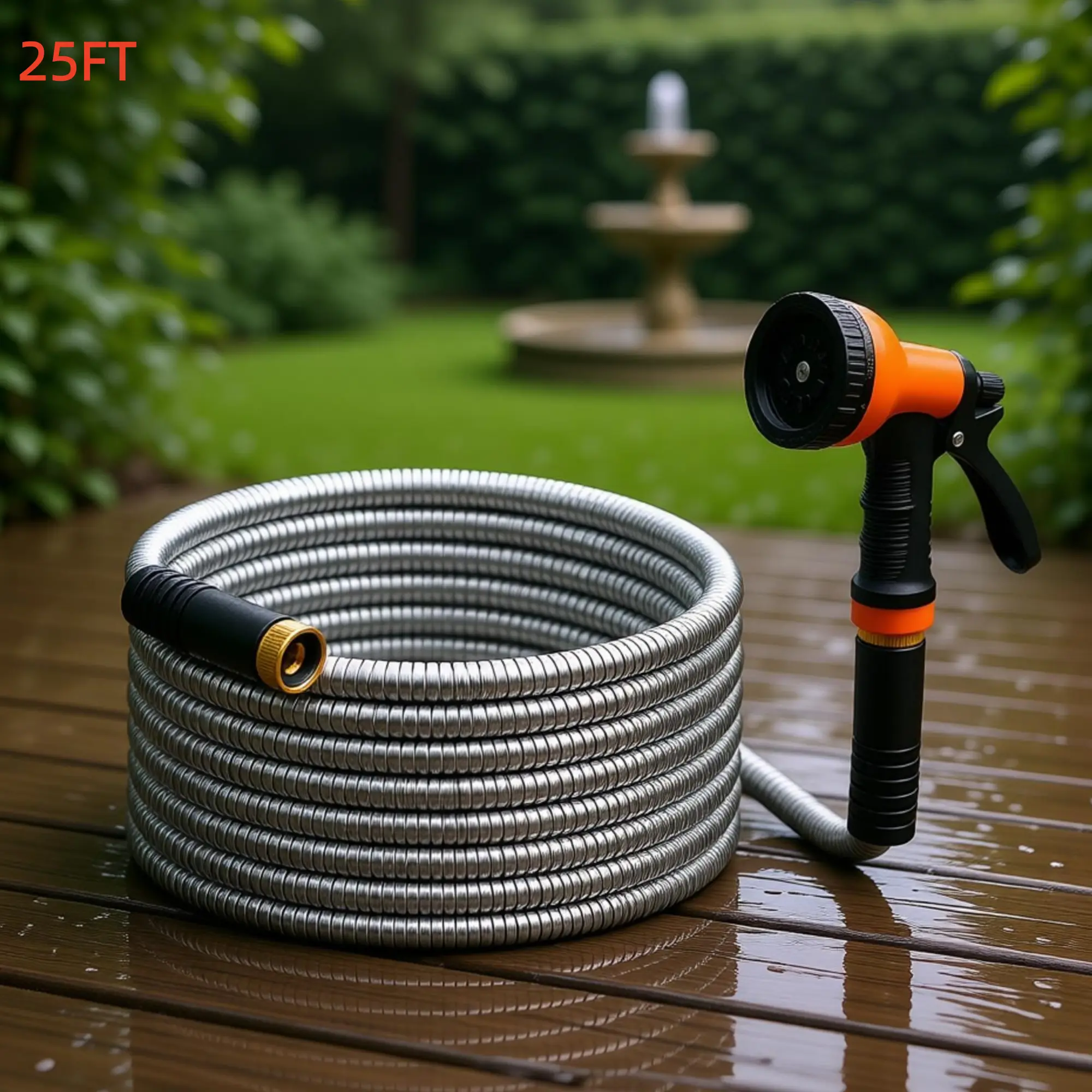 304 Stainless Steel Corrugated Outdoor Garden Water Hose Set Featuring Multi-Mode Spray Nozzle, Sealed Leak-Proof Brass Thread Connectors for Yard Watering, Car Washing, Outdoor Surface Cleaning