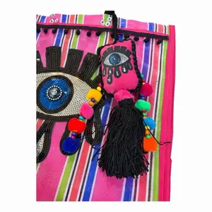 Mexican Maya Bag with Evil Eye Applique Boho Aztec Purse Blue Striped Design Colorful Beads and Tassel