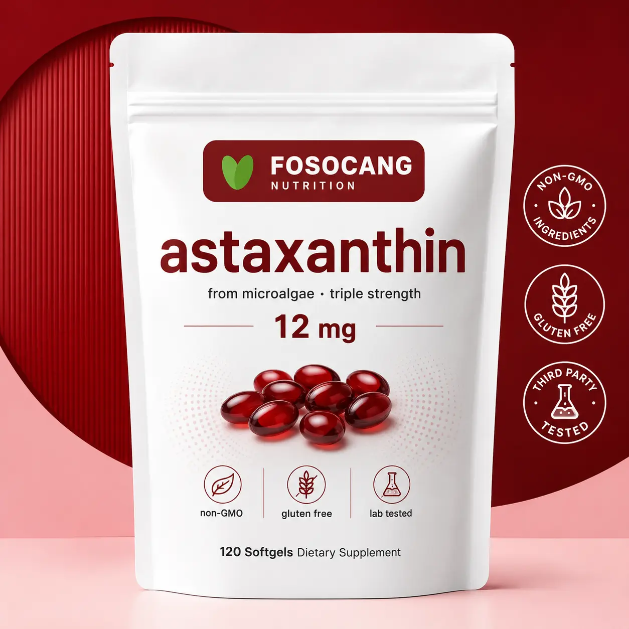 FoSoCang Astaxanthin 12mg | Natural Tanning, Fresh Microalgae Source, Easy to Swallow / Healthcare,Vitamin,Dietary,Supplement,Edible,Fitness