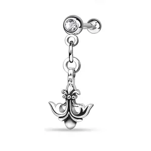 Fleur De Lis Anchor Dangling Tragus Cartilage Barbell - 316L Surgical Steel