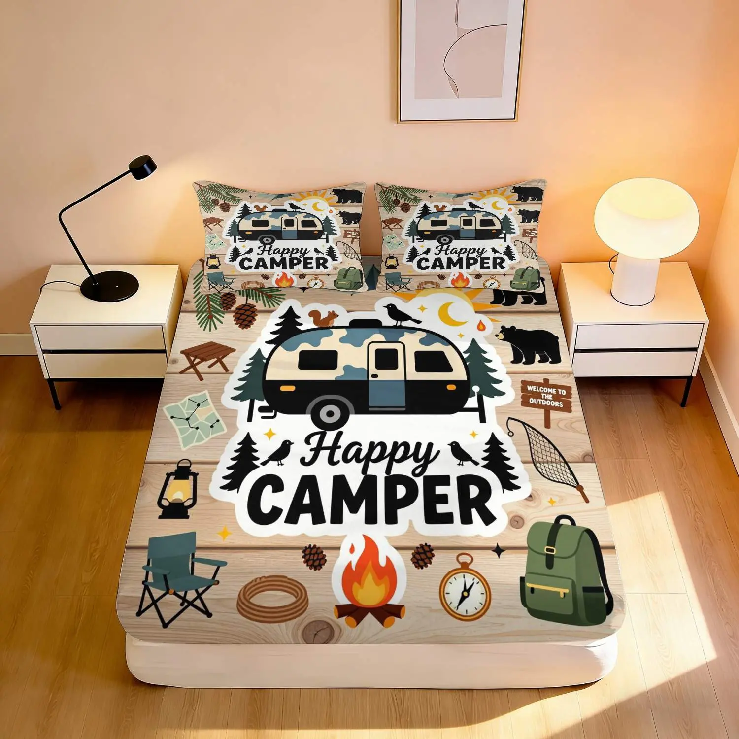 3pcs Fitted Sheet Cozy Style, Happy Camper Theme Printed Bedding Set, Bed Linens, Blue & Beige Color, Camping Trailer & Nature Print Pattern with Text, for Bedroom Decor(1 Fitted sheet+2 pillowcases, Without Core)
