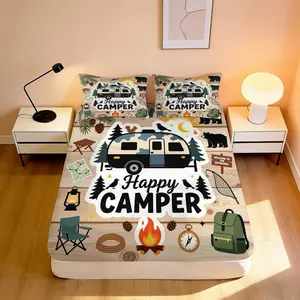 3pcs Fitted Sheet Cozy Style, Happy Camper Theme Bedding, Blue & Beige Color, Camping Trailer & Nature Print Pattern with Text, for Bedroom Decor(1 Fitted sheet+2 pillowcases, Without Core)