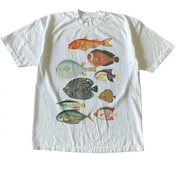 Vintage Fish Graphic T-Shirt, Soft Cotton Unisex Short Sleeve Top with Faderesistant Digital Print, Casual Relaxed Fit Streetwear, Round, Menswear, Aesthetic Graphic Tee, T Shirts, Vintage T Shirts