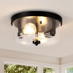 2-Light Matte Black Flush Mount Ceiling Light Fixture, Modern Industrial Seeded Bubble Glass Drum Close to Ceiling Lamp, E26 Base, 110-120V, for Hallway, Living Room, Bedroom, Kitchen, Bulb Not Included