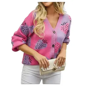 Pink Strawberry Knit Sweater Cardigan Button Fabric Knitwear Womenswear