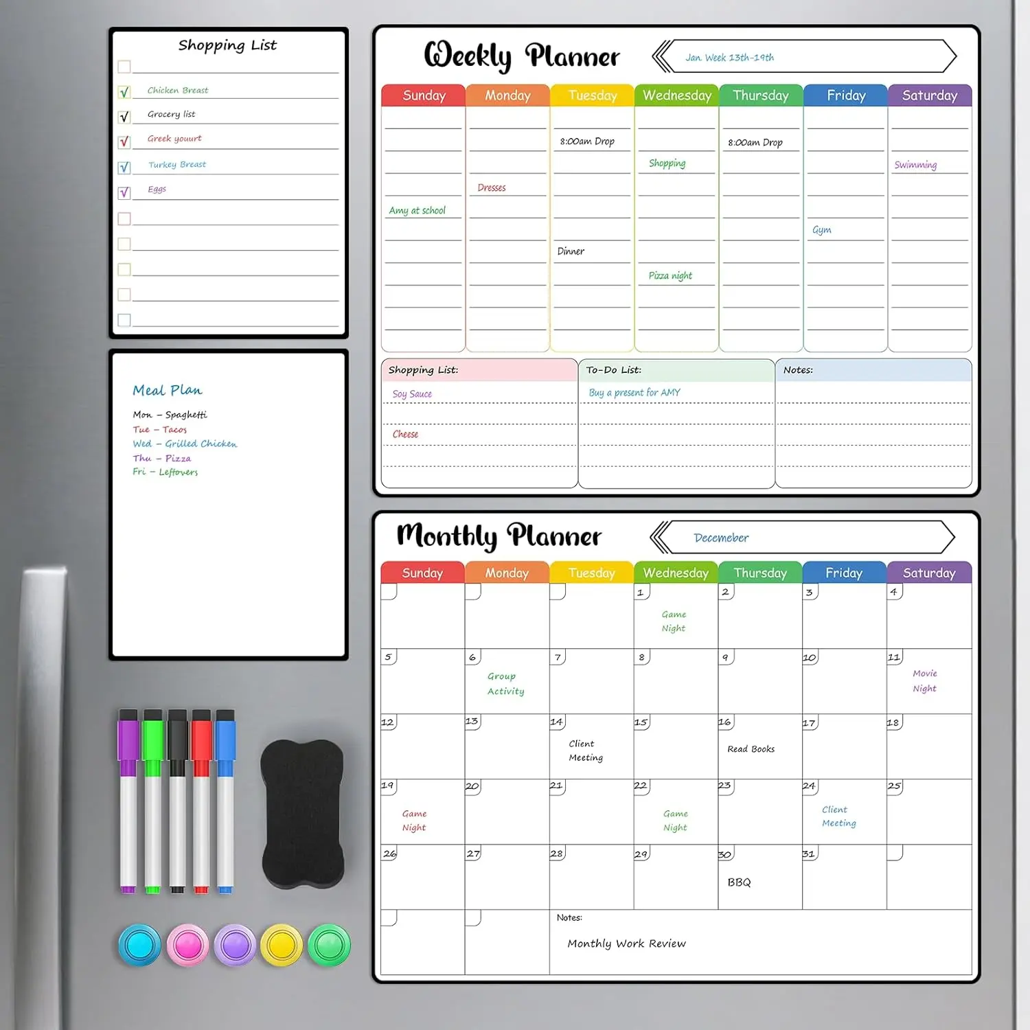 MaxGear 4-Pack Magnetic Refrigerator Organizer Whiteboard Set - 15in x 11.5in Weekly Planner, 5 Markers, 1 Eraser, 5 Magnets, Office Stationery Accessories