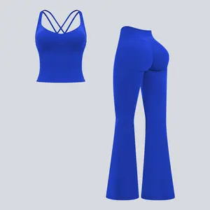MFVIM cross-back sports tank top and high-waisted butt-lifting flared pants—ideal for indoor and outdoor yoga, fitness workouts, and gym training.