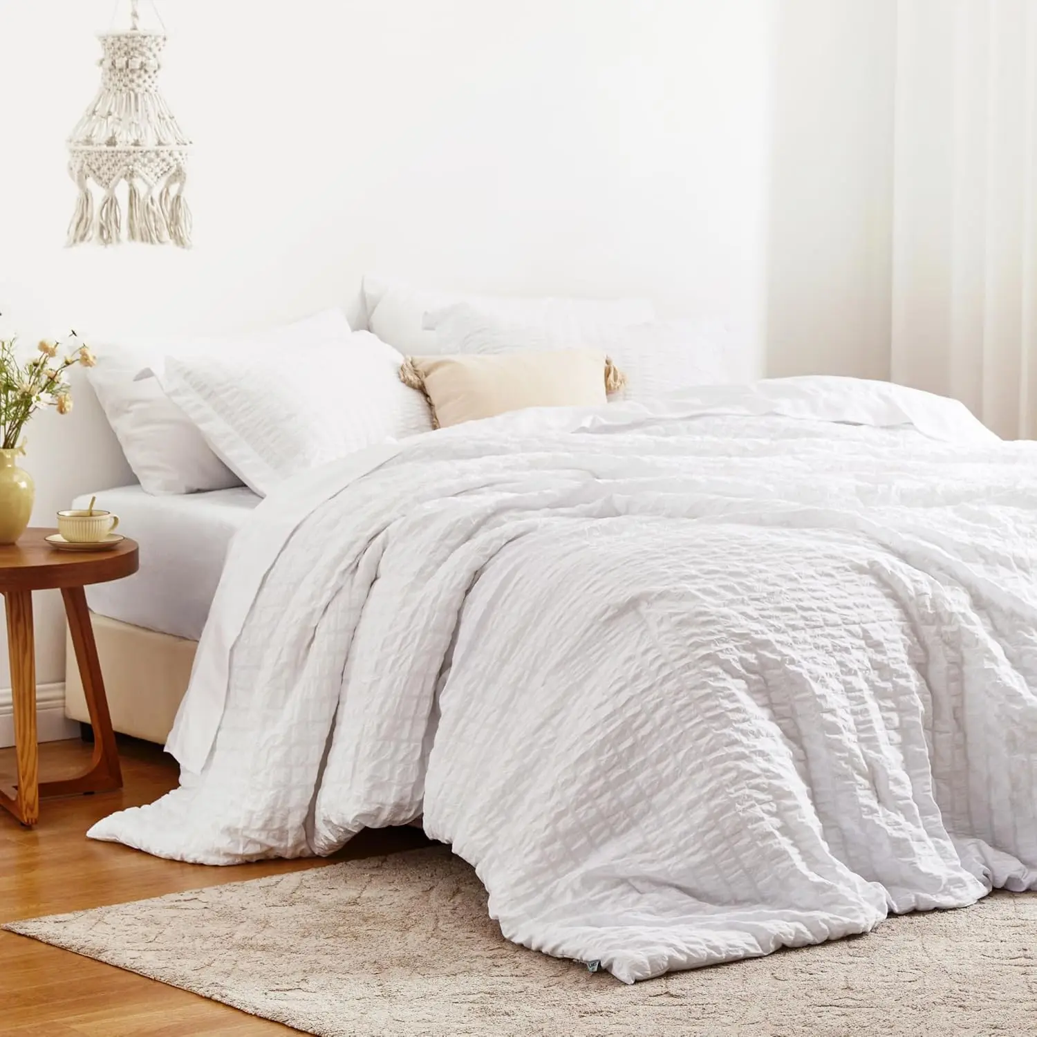 Love's cabin Seersucker White Queen Comforter Set, 7-Piece All Season Lightweight Bed in a Bag Bedding Set with Comforter, Flat Sheet, Fitted Sheet, Pillowcases and Shams