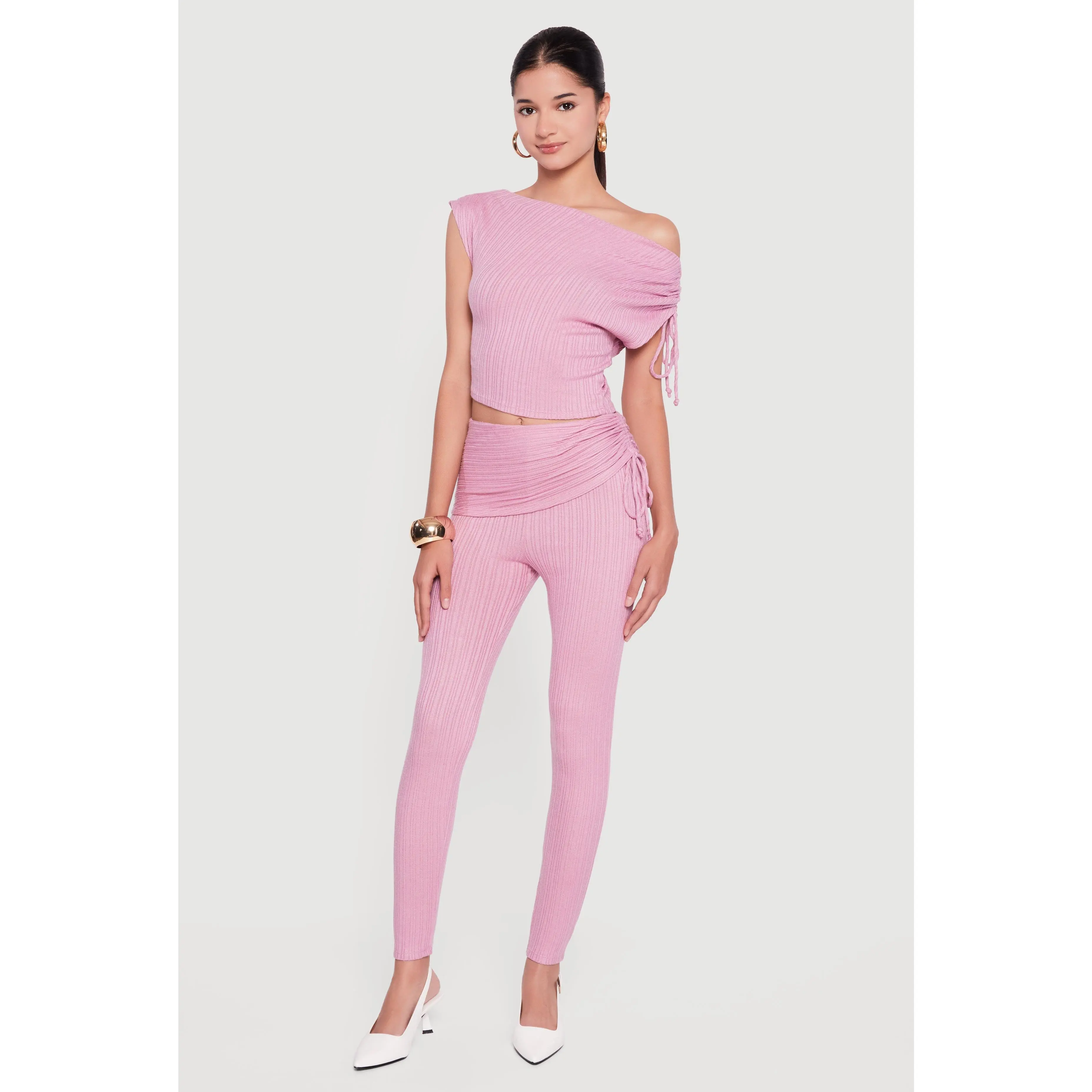 Brushed Rib Knit Fold Over Ruched Side Leggings