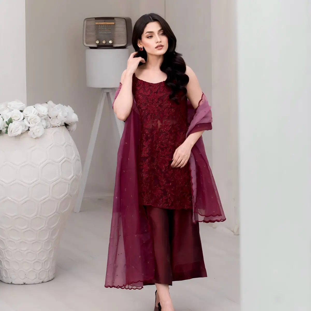 Nora - 3 Piece Kameez and Trouser combo in Maroon - Multiple Sizes Available