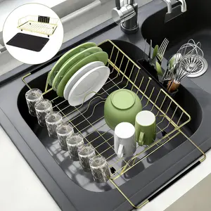 Golden Expandable Dish Drying Rack with  Drying Mat- Stainless Steel Dish Drainer Over The Sink with Utensil Holder, Applicable for Sink Width 16'-22' (,23.2'*12.2')