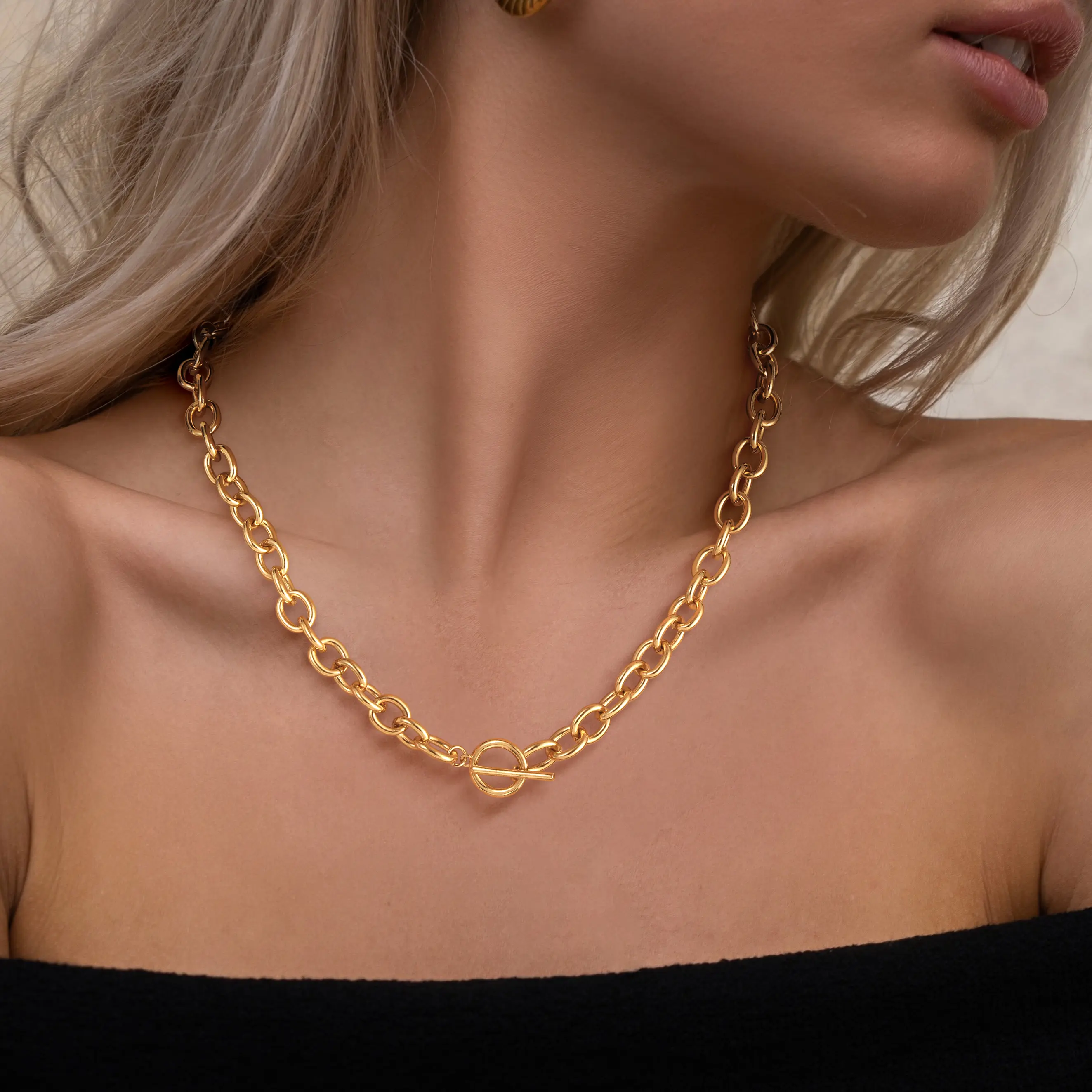 CHESKY Women's Gold 9mm O-Link OT Buckle Chunky Necklace, Waterproof Minimalist Chain Jewelry Necklaces, Gold Aesthetic Statement Style Accessory Goals for Everyday Commuting, Chunky Necklaces, Daily